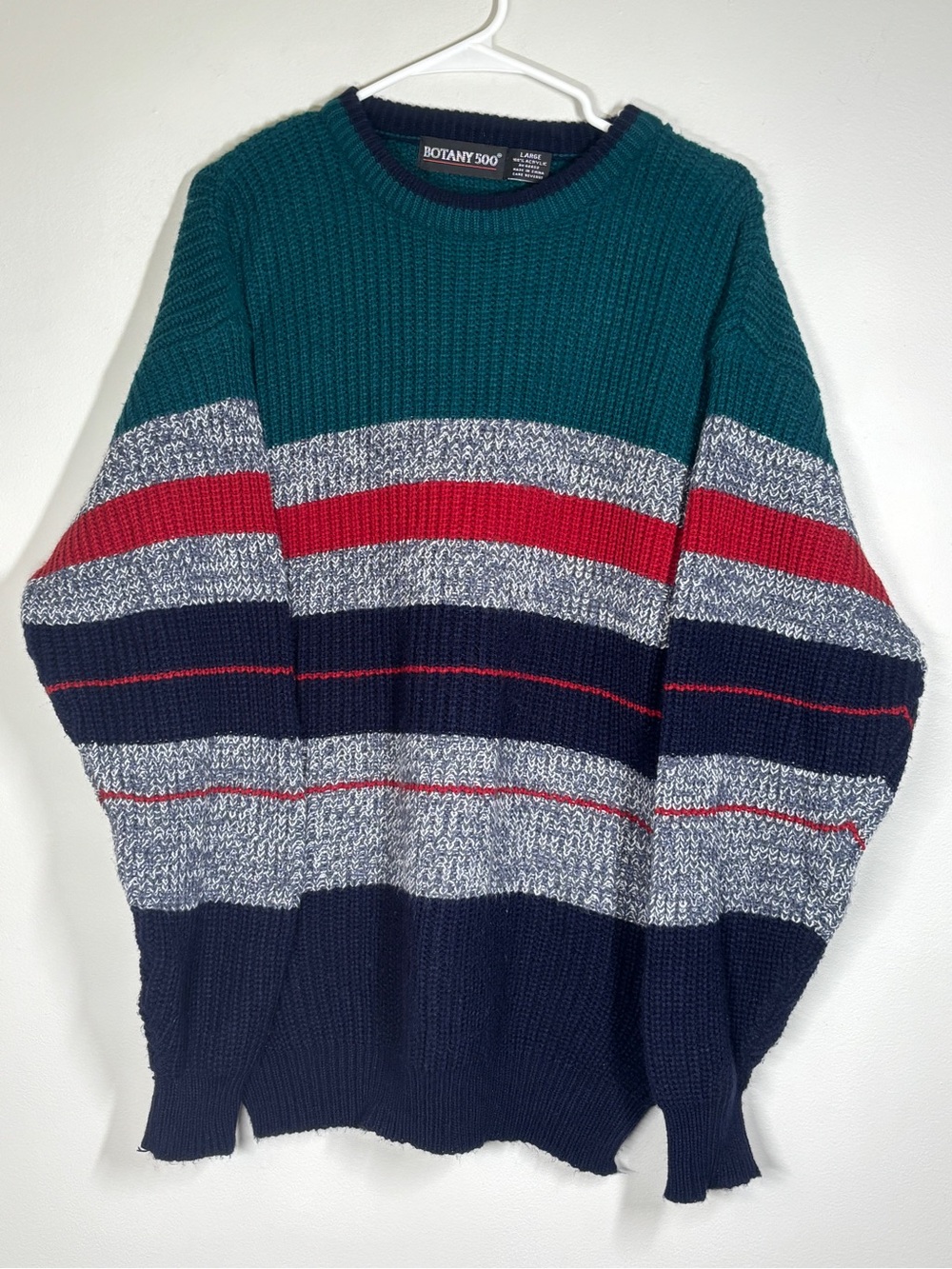 Botany 500 Men’s Teal, Navy & Red Striped Crewneck Sweater